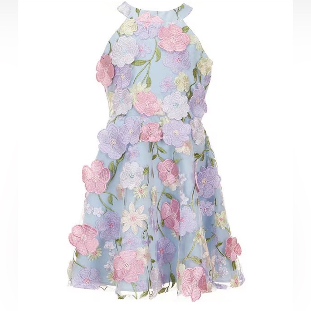 Rare Editions Lavender Floral Appliqué Dress with Pastel Accents Kids Size 14